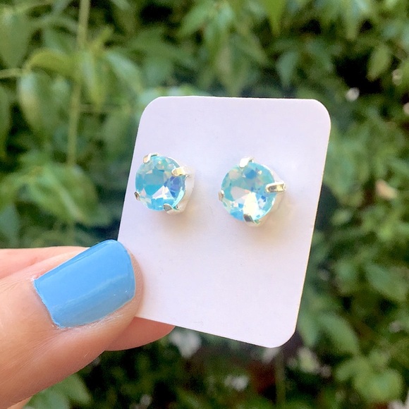 Aquamarine Blue Opal Aurora Borealis + Silver Crystal Earrings